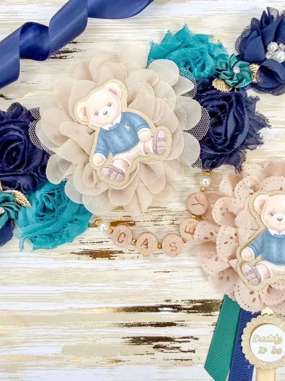 Navy and Green baby shower Sash set for Mommy and Daddy to be